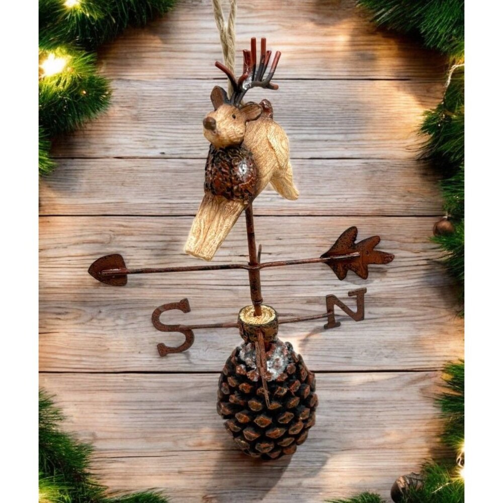 Vintage Reindeer Weathervane Christmas Tree Ornament Pinecone Base Rustic Farm